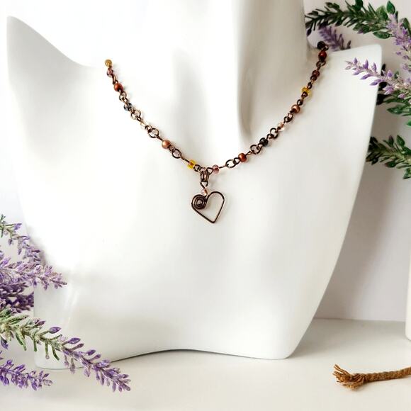 Antique Brass Wire Heart Pendant Beaded Chain Link Necklace - Picture 3 of 10